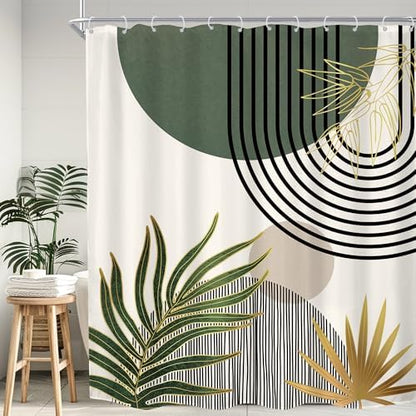 KOMLLEX Mid Century Green Boho Abstract Modern Bathroom Shower Curtain Set