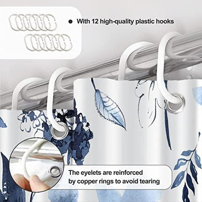 AWERT Blue Floral Shower Curtain for Bathroom Watercolor Ink Flowers Shower Curtain with Hooks Waterproof Fabric Bathroom Decor 72x84inch