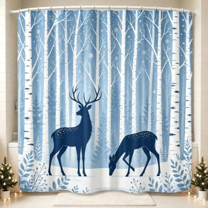 Deer Birch Tree Shower Curtain Winter Woodland Forest Bath Curtain 72x78in