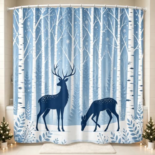 Deer Birch Tree Shower Curtain Winter Woodland Forest Bath Curtain 47x64in