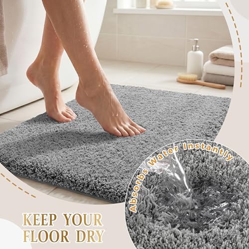 Yimobra Fluffy Plush Bath Rug, Super Shaggy Soft Comfortable Non Slip, Water Absorbent Microfiber Bath Mat, Dries Quickly, Machine Washable Thick Bathroom Rugs for Shower, 44" X 24", Pure Gray