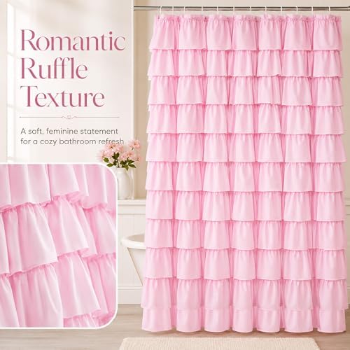 Pink Ruffle Shower Curtain for Master Bathroom, 72 x 84, Ruffled Layered