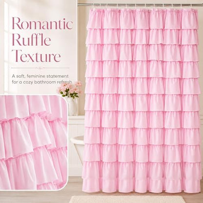 Pink Ruffle Shower Curtain for Master Bathroom, 72 x 84, Ruffled Layered