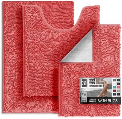 Hearth & Harbor Bathroom Rugs, Chenille Bath Mat - Machine Washable Bath Mats for Bathroom Non-Slip Backing Rubber, Quick Dry Mat - Rose Bath Rug, 17x24-20x32-20x24