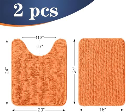 OLANLY Chenille Bathroom Rugs Mats Sets 2 Piece, 24"x16"+24"x20", Orange