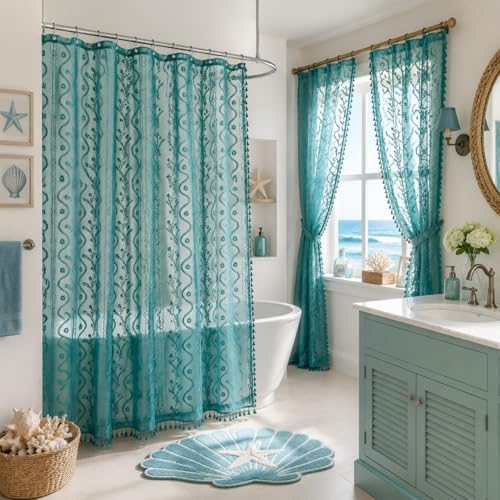 WAZZIO Teal Lace Shower Curtain for Bathroom 72" W x 72" L, Victorian Farmhouse Floral Pattern Tassel Fancy Shower Curtain Boho Washable Cloth Decorative Bath Curtains,1 Panel,Turquoise