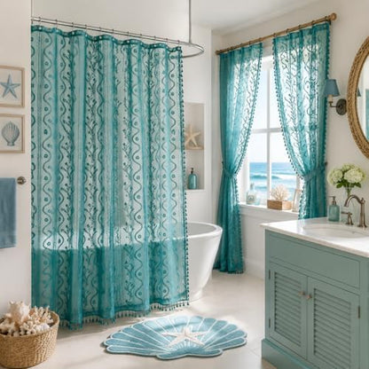 WAZZIO Teal Lace Shower Curtain for Bathroom 72" W x 72" L, Victorian Farmhouse Floral Pattern Tassel Fancy Shower Curtain Boho Washable Cloth Decorative Bath Curtains,1 Panel,Turquoise