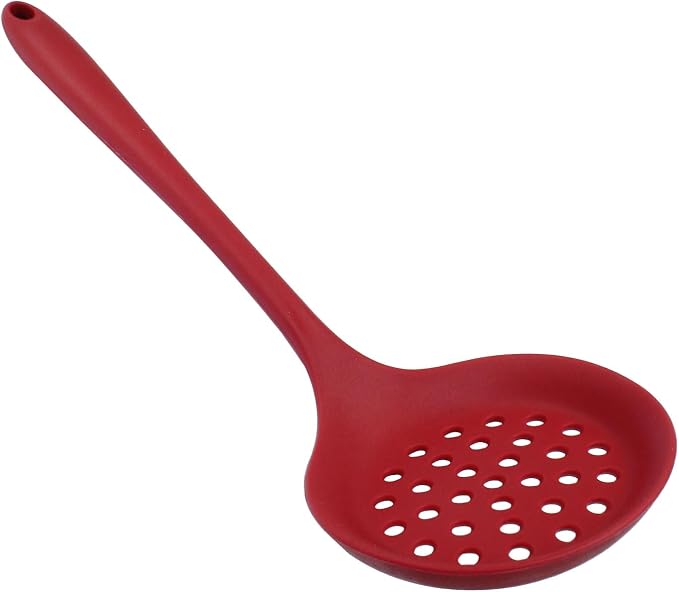Hordion 1 Pcs Silicone Slotted Spoon, Red Strainer Spoon Non Stick Silicone Skimmer Heat Resistant Cooking Spoon