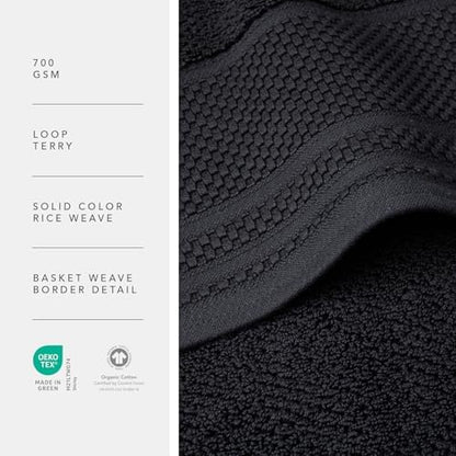 Texere 100% Organic Cotton Rice Weave Jacquard 700 GSM Luxury Bath Towel Sets - Ultra Soft and Absorbent Hotel and Spa Quality (Rice Weave, Black, 2 Hand & 2 Wash Towels)