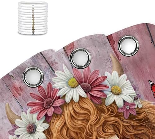 Cute Cow Shower Curtain, Farmhouse Rustic Pink Floral Daisy Highland Cow Shower Curtains for Bathroom, Calf Country Farm Animal Garden Plant Fabric Bathroom Decor with Hooks, 54x72 inch
