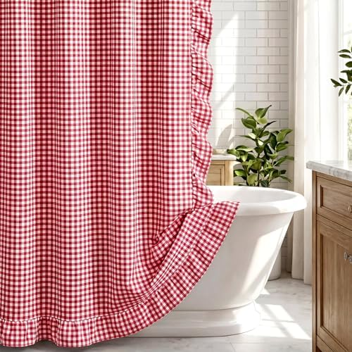 HunnmingRe Ruffled Gingham Shower Curtain Red