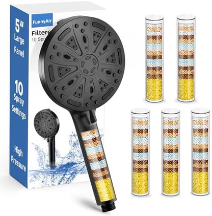 Black Filtered Shower Head Handheld, 5 Filters Hard Water Softener