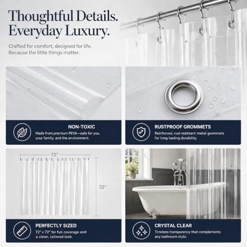 EHZNZIE Frosted Shower Curtain Liner 72x72, PEVA Waterproof Bath Curtain, No Chemical Smell, 3 Weighted Magnets, Durable with Rustproof Metal Grommets