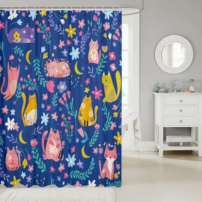 Feelyou Kids Funny Cats Shower Curtain Girls Cute Flower Cartoon Kitty Kitten Bathroom Waterproof Accessories with 12 Hooks 72x78 Inches Animal Theme Girly Kawaii Room Blue Decor