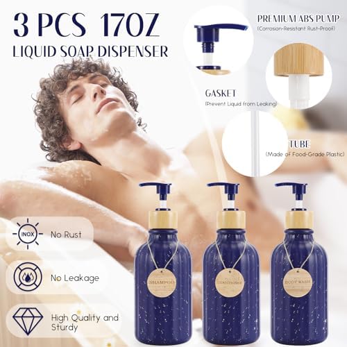 XLHOMO 30PCS Navy Blue Bathroom Accessories Set with Waffle Shower Curtain,Trash Can,3PCS Lotion Soap Dispenser, Toothbrush Holder, Soap Dish,Tumbler Cup,6PCS Wood Tags Bath Accessories with Tray