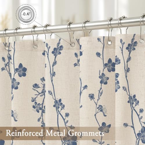 Navy Blue Farmhouse Linen Shower Curtain, Boho Floral Fabric, 72 x 84