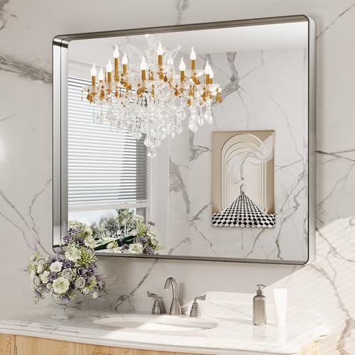 LOAAO 48x40 Inch Brushed Nickel Bathroom Mirror, Rounded Rectangle Silver Metal Frame Mirror, Brushed Nickel, Anti-Rust, Shatter Proof, Hangs Horizontally or Vertically