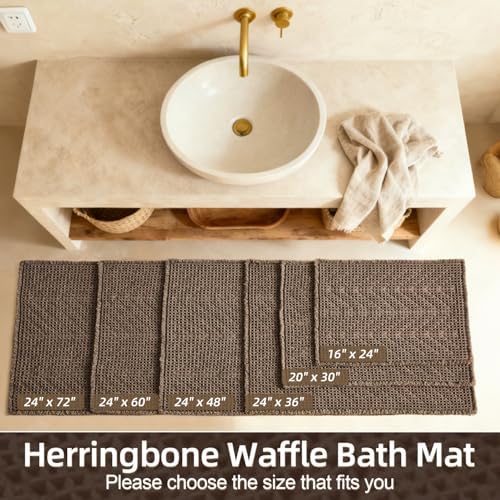 Sunfly Boho Herringbone Runner, Ultra Soft Non-Slip Waffle Bath Mat - Super Absorbent & Quick Dry Washable,Bathroom Runner Rug 24"x60" Taupe