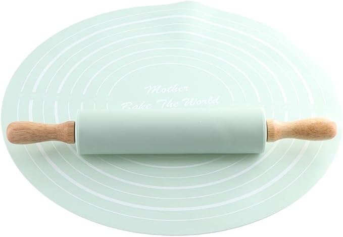 Rolling Pin Dough Mat Set,2 Pcs/Set Wood Rolling Pin Silicone Pastry Mat,Non-Stick Dough Mat With Scale Househeld Bakeware Baking Tool Kits