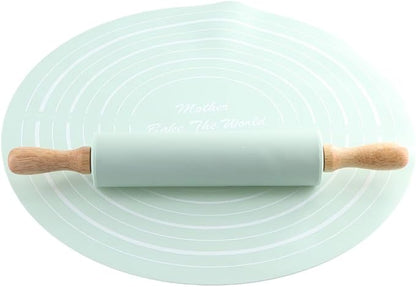 Rolling Pin Dough Mat Set,2 Pcs/Set Wood Rolling Pin Silicone Pastry Mat,Non-Stick Dough Mat With Scale Househeld Bakeware Baking Tool Kits