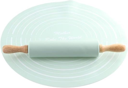 Rolling Pin Dough Mat Set,2 Pcs/Set Wood Rolling Pin Silicone Pastry Mat,Non-Stick Dough Mat With Scale Househeld Bakeware Baking Tool Kits