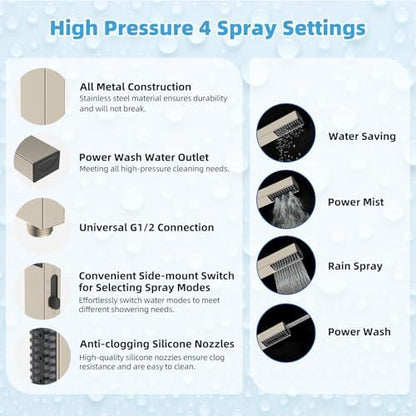 Hibbent All Metal CUPC Certified 8'' Rainfall Shower Head, Dual Shower Head Combo, High Pressure Handheld 4 Sprays Shower Wand, 16'' Adjustable Extension Arm, 71'' Hose, Shower Holder, Brushed Nickel
