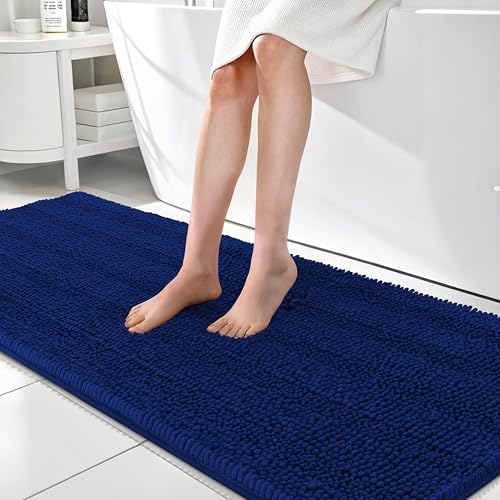 OLANLY Thick Bathroom Runner Rugs 70x24, Soft Chenille Long Bath Rugs, Navy