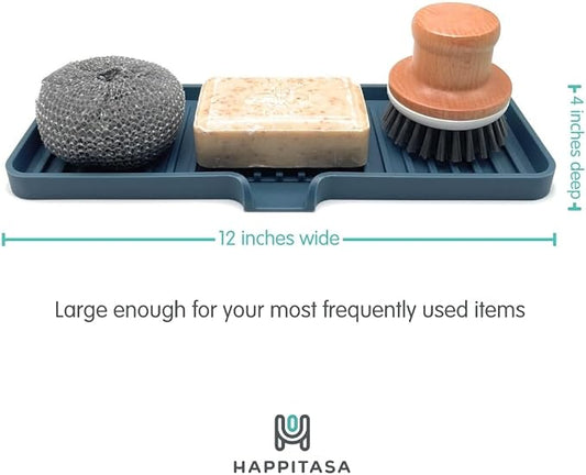 Silicone Soap Dish Tray and Sponge Holder with Drain Chute, Rectangular, Kitchen and Bathroom Sink Organizer (Smoky Blue, 12"x4")