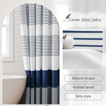 Navy Blue Coastal Ocean Cotton Striped Shower Curtain with Tassel 72W X 72L