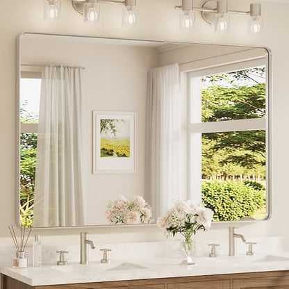 TETOTE 60 x 40 Inch Brushed Nickel Mirror for Bathroom Over Sink Metal Framed Mirror Modern Farmhouse for Living Room Entryway(Horizontal/Vertical)