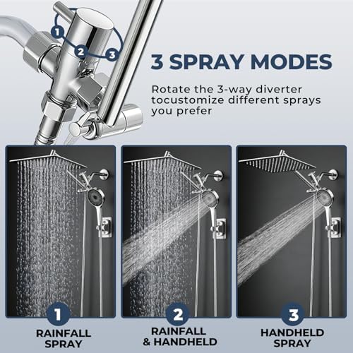 Shower Head, Rain Shower Head with Handheld Spray Combo, 8 Inch Adjustable High Pressure Rainfall Shower Head, Dual Showerhead Set with Extension Arm