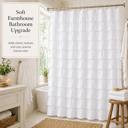 White Ruffle Shower Curtain for Bathroom, 72X84, Layered Ruffles Texture