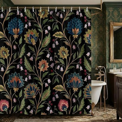 Vintage Floral Shower Curtain for Bathroom, Rustic Farmhouse Black and Teal Sage Green Boho Botanical Shower Curtains, Retro Cottagecore Wildflower Aesthetic Bath Curtain Set with Hooks， 72 x 72 Inch