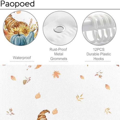 Harvest Pumpkin Shower Curtain, 72 x 78 Inch Watercolor Fall Bathroom Curtain with Autumn Leaves, Cornucopia and Blue Pumpkin Design, Farmhouse Bath Decor