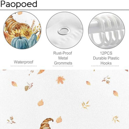 Fall Pumpkins Shower Curtain, Autumn Leaves Thanksgiving Harvest Bathroom Bathtubs Decor, Waterproof Polyester Fabric Bathroom Curtain with Hooks 72x72 in
