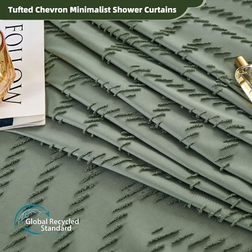 Siiluminisoy Boho Extra Long Sage Green Shower Curtain with Tassel, Woven Fabric, Tufted Chevron Striped, 72 x 78, Modern Chic Textured Minimalist
