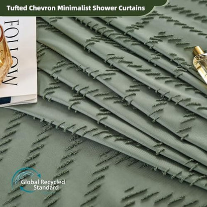 Siiluminisoy Boho Extra Long Sage Green Shower Curtain with Tassel, Woven Fabric, Tufted Chevron Striped, 72 x 78, Modern Chic Textured Minimalist