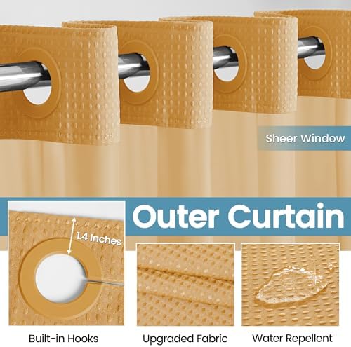 EUTXL Heavyweight Waffle No Hook Shower Curtain with Liner, 71x74, Gold