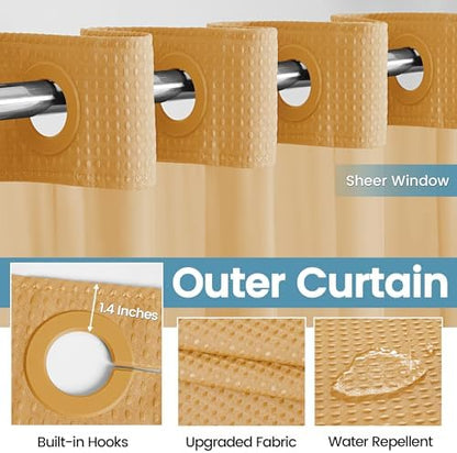 EUTXL Heavyweight Waffle No Hook Shower Curtain with Liner, 71x74, Gold