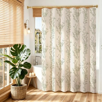 Sage Linen Farmhouse Shower Curtain, Boho Floral Bathroom 72x72