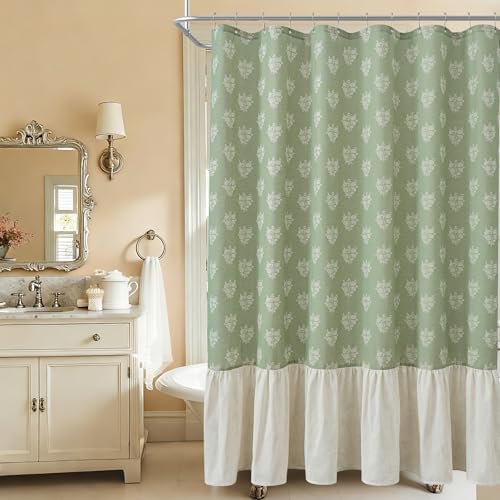 ORTIGIA Linen Textured Ruffle Shower Curtain with Metal Hooks, Green Vintage Block Print Floral Boho Waterproof Bath Curtain for Rustic Farmhouse Bathroom Decor 72x72 Inch