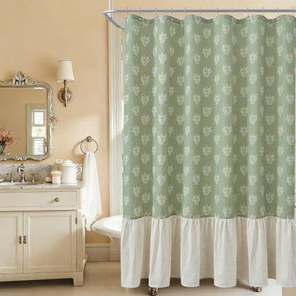 ORTIGIA Linen Textured Ruffle Shower Curtain with Metal Hooks, Green Vintage Block Print Floral Boho Waterproof Bath Curtain for Rustic Farmhouse Bathroom Decor 72x72 Inch