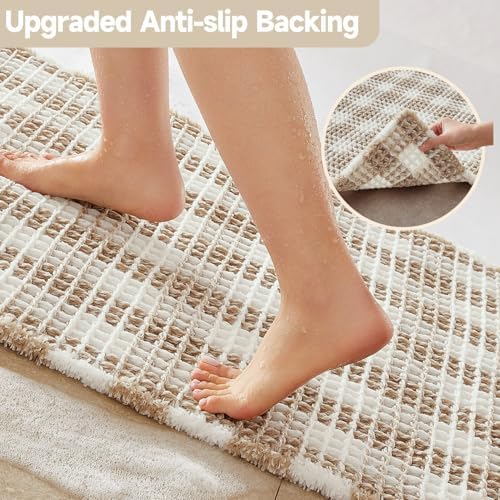 TYUU Waffle Bath Mat, Boho Bathroom Rugs Non Slip, 48x24 Khaki & White