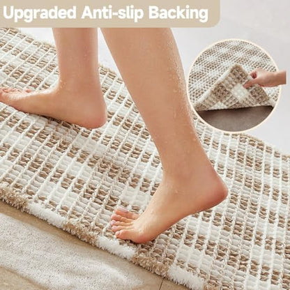 TYUU Waffle Bath Mat, Boho Bathroom Rugs Non Slip, 48x24 Khaki & White