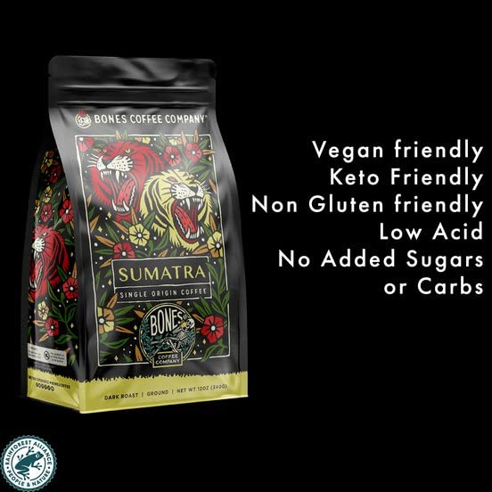 Bones Coffee Company Sumatra Single-Origin, Dark Chocolate, Smoky, Earthy Notes, Ground Coffee Beans, Low Acid Dark Roast Arabica Beans Flavored Coffee, 12 oz Ground