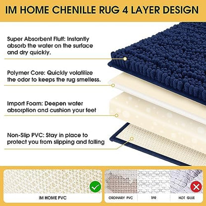 ACCUMTEK Upgrade Luxury Navy Blue Bathroom Rug Mat 48"x17", Ultra Soft Thick Absorbent Bath Mats, Non Slip Chenille Toilet Mat for Bathroom, Bedroom, Kitchen, Shower, Tub