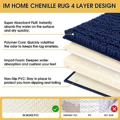 ACCUMTEK Upgrade Luxury Navy Blue Bathroom Rug Mat 32"x20", Ultra Soft Thick Absorbent Bath Mats, Non Slip Chenille Toilet Mat for Bathroom, Bedroom, Kitchen, Shower, Tub