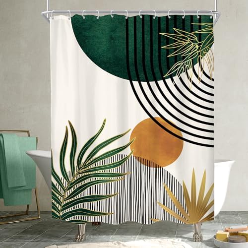 KOMLLEX Mid Century Green Boho Abstract Modern Bathroom Shower Curtain Set