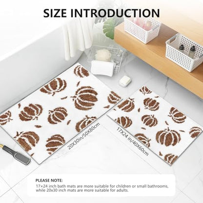 APROPHIC Fall Pumpkin Bath Mats for Bathroom, Thanksgving Super Absorbent Non-Slip Microfiber Shaggy Bath Rugs, Autumn Bathroom Mat for Shower, Tub, Sink, Decor, Machine Washable, 17x24 in, Brown