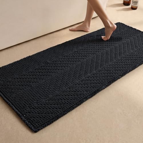 Sunfly Long Black Bathroom Rug, Waffle Bath Mat Non-Slip Washable Super Absorbent Quick Dry, Boho Farmhouse Bathroom Runner Decor 24"x60" Black